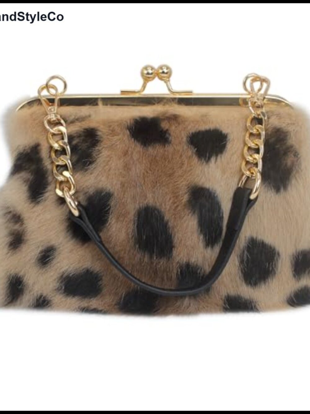 Rex Rabbit Fur Leopard Print Clutch with Gold Clasp Detachable Straps